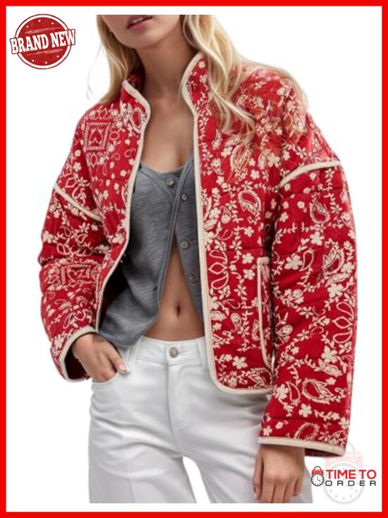 Jackets & Blazers - Cropped Puffer Quilted Jacket Vintage Floral Print Open Front Lightweight Short